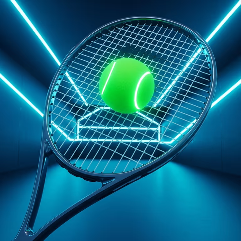 Een strak neonontwerp met een gloeiende tennisbal en racket, dat de dynamische energie van sportweddenschappen en casinospellen symboliseert.