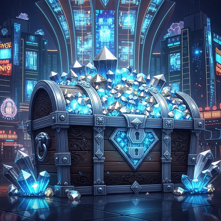 Schatkist van KodaBet Casino gevuld met gloeiende kristallen, die royale welkomstbeloningen symboliseren.