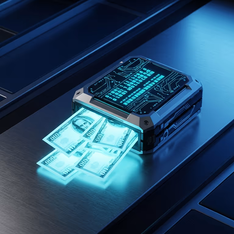 KodaBet Casino toont digitale cashflow met gloeiende blauwe bankbiljetten die uit een futuristisch apparaat komen, als symbool voor veilige en onmiddellijke uitbetalingen.