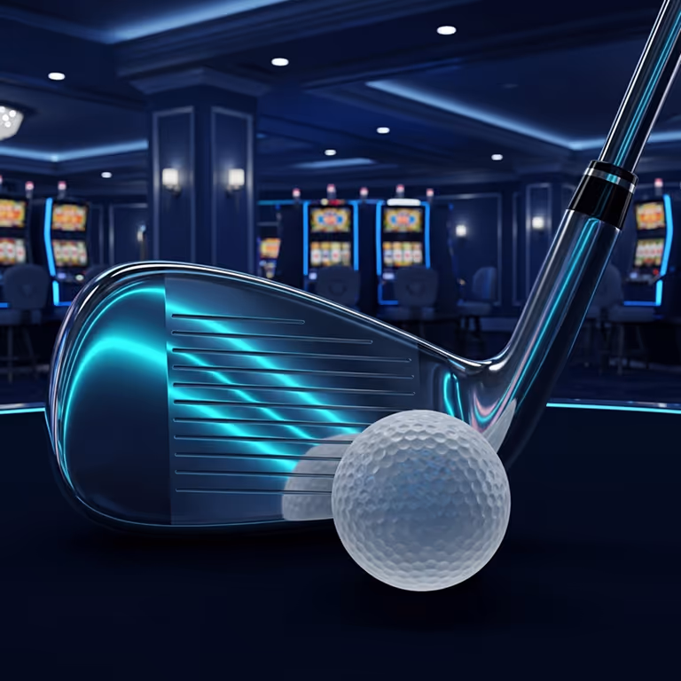 Een close-up van een golfclub en bal, verlicht door gloeiende blauwe neonlichten, die precisie en energie symboliseren in sportweddenschappen bij KodaBet Casino.